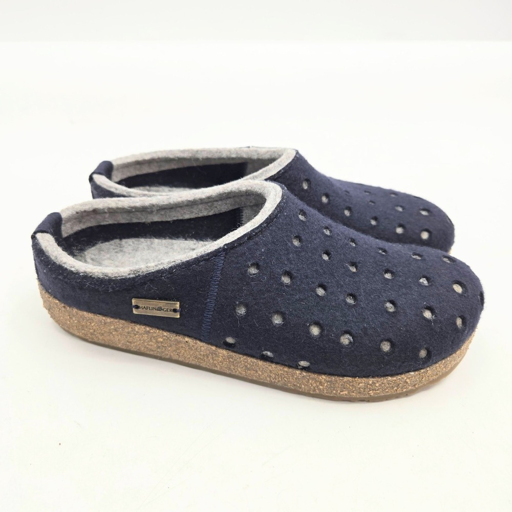 Haflinger Navy Blue Boiled Wool Perforated Dot Cork Clogs Womens 40 EU 9 US